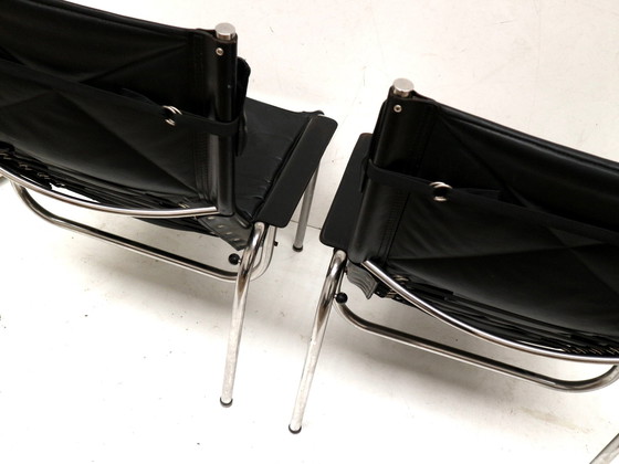 Image 1 of 2X Vintage Black Leather Armchair By Strässle He1106 Designed By Hans Eichenberger