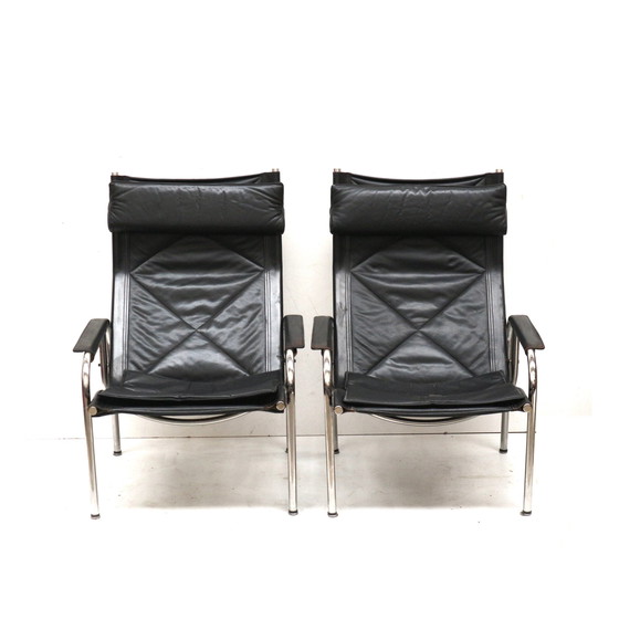 Image 1 of 2X Vintage Black Leather Armchair By Strässle He1106 Designed By Hans Eichenberger