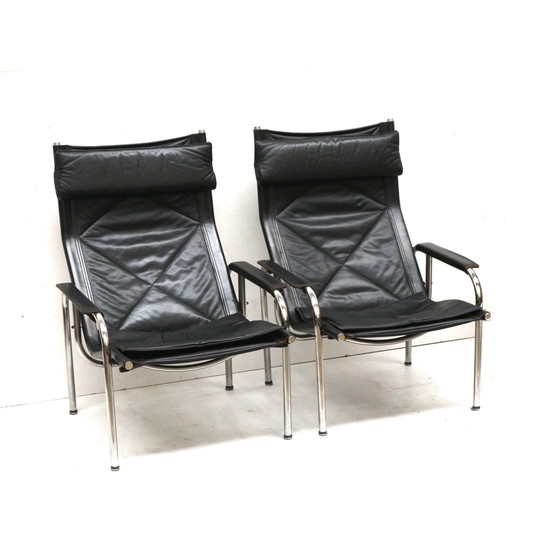 Image 1 of 2X Vintage Black Leather Armchair By Strässle He1106 Designed By Hans Eichenberger