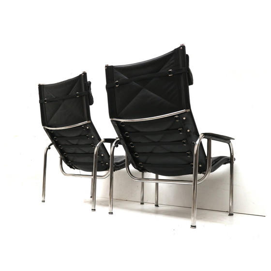 Image 1 of 2X Vintage Black Leather Armchair By Strässle He1106 Designed By Hans Eichenberger