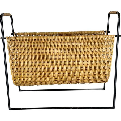 Mid-century rattan Bauhaus magazine rack, France 1970s