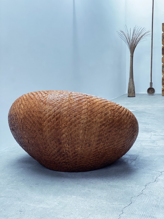 Image 1 of Rattan Wickerwork "Mushroom" Chair Pille Armchair With Sheepskin Cushion, France 1970s