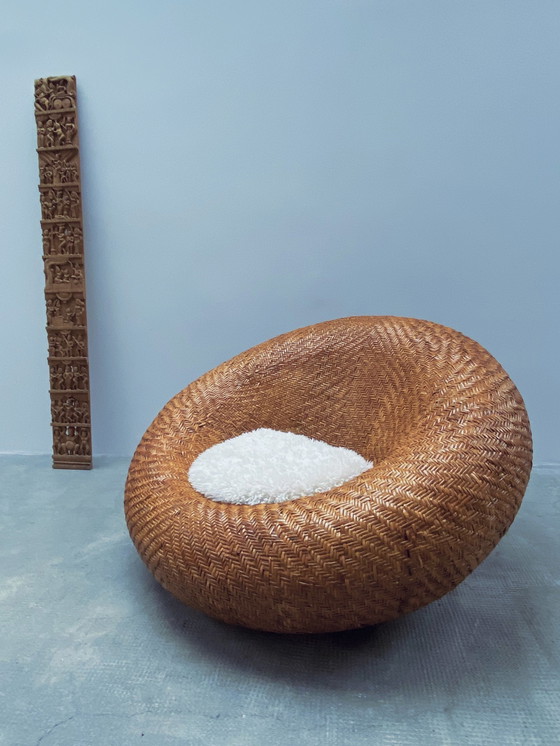 Image 1 of Rattan Wickerwork "Mushroom" Chair Pille Armchair With Sheepskin Cushion, France 1970s