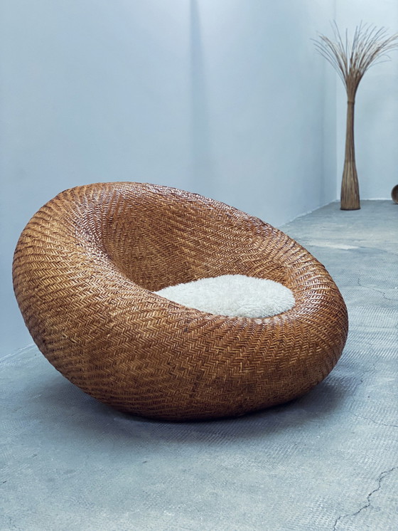 Image 1 of Rattan Wickerwork "Mushroom" Chair Pille Armchair With Sheepskin Cushion, France 1970s