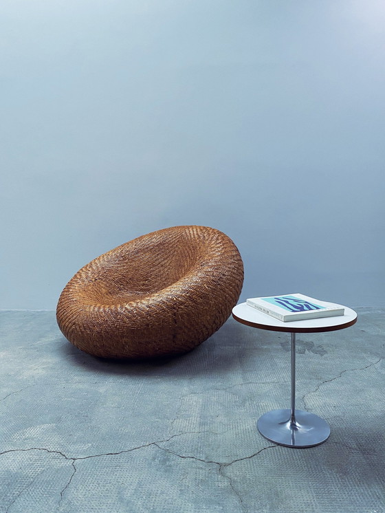 Image 1 of Rattan Wickerwork "Mushroom" Chair Pille Armchair With Sheepskin Cushion, France 1970s