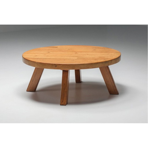Vintage round pine coffee table by Charlotte Perriand, 1960