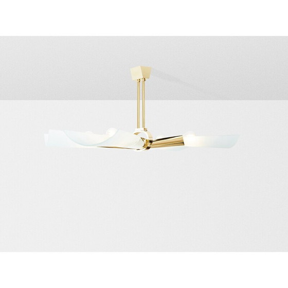 Image 1 of Vintage pendant lamp in brass and opaline glass by Max Ingrand for Fontana Arte, 1955