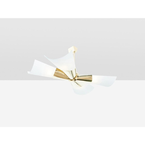 Image 1 of Vintage pendant lamp in brass and opaline glass by Max Ingrand for Fontana Arte, 1955
