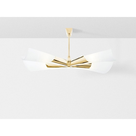 Image 1 of Vintage pendant lamp in brass and opaline glass by Max Ingrand for Fontana Arte, 1955
