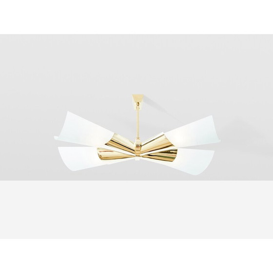 Image 1 of Vintage pendant lamp in brass and opaline glass by Max Ingrand for Fontana Arte, 1955