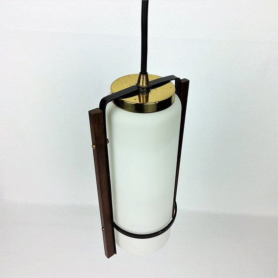Image 1 of Vintage glass and lacquered metal pendant lamp by Arlus, 1960