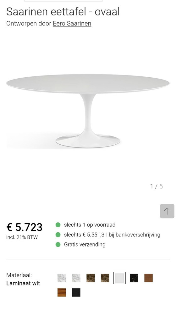 Image 1 of Knoll Saarinen Table + 6 Chairs Rolf Benz Model 7800 White Leather Upholstery/Metal Frame