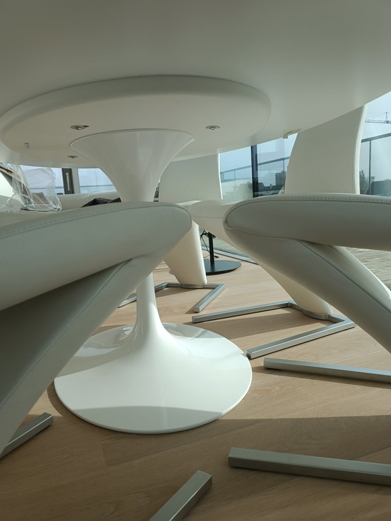 Image 1 of Knoll Saarinen Table + 6 Chairs Rolf Benz Model 7800 White Leather Upholstery/Metal Frame