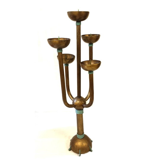 Image 1 of Antique Arts and Crafts Hammered Copper Standing Candle Holder 148 cm