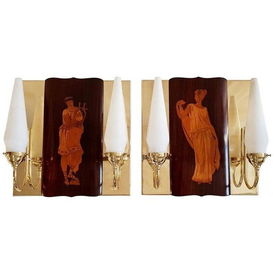 Image 1 of Pair of vintage brass and teak wall lamps by Andrea Gusmai, Italy 1950