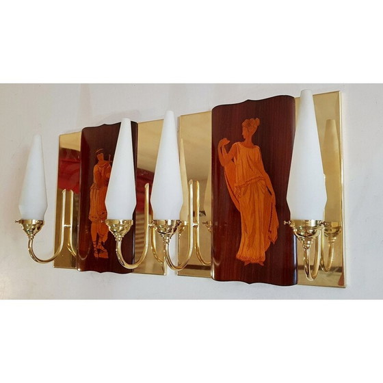 Image 1 of Pair of vintage brass and teak wall lamps by Andrea Gusmai, Italy 1950