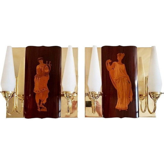 Image 1 of Pair of vintage brass and teak wall lamps by Andrea Gusmai, Italy 1950