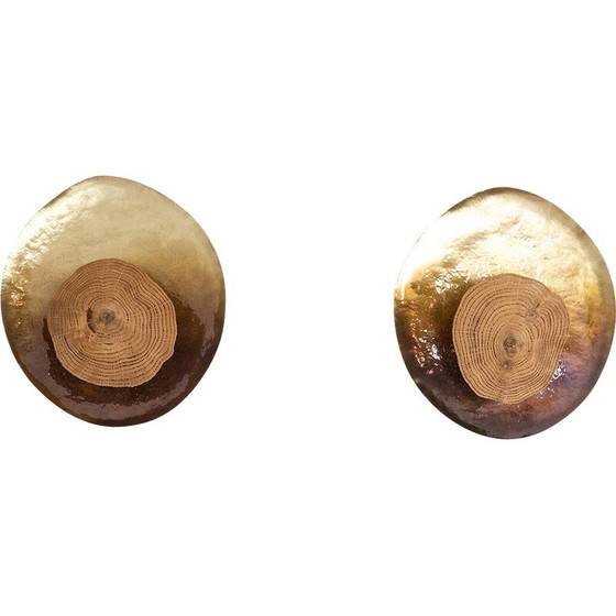 Image 1 of Pair of vintage “Martincourt” wall lamp in wood lace and patinated brass