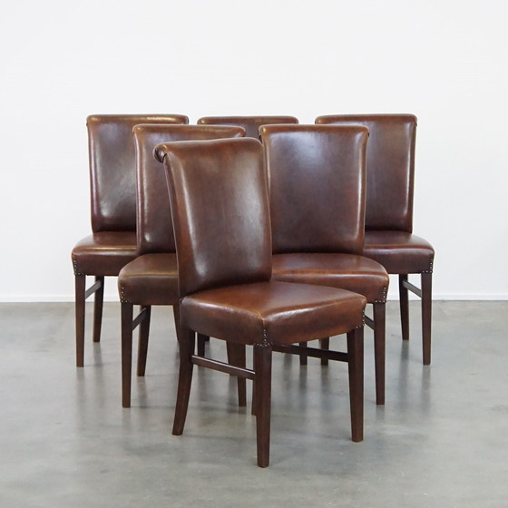 Image 1 of 6 X Dark Brown Sheepskin Leather Dining Chair