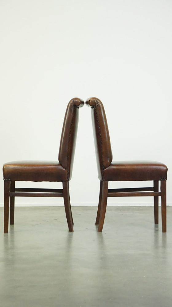 Image 1 of 6 X Dark Brown Sheepskin Leather Dining Chair