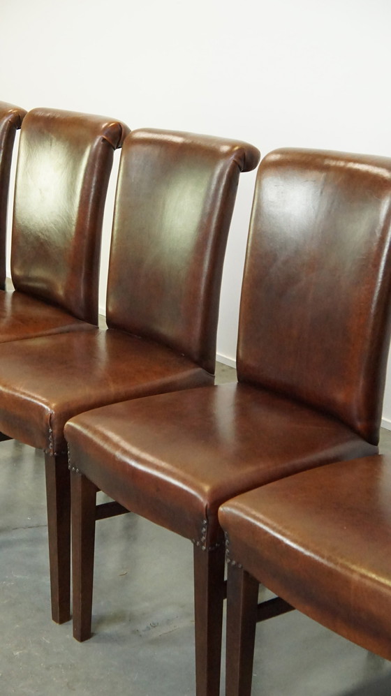 Image 1 of 6 X Dark Brown Sheepskin Leather Dining Chair