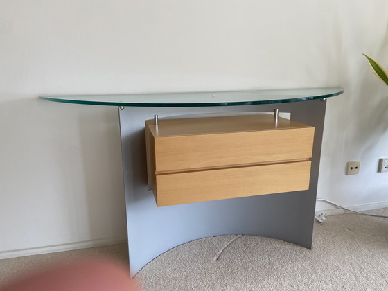 Image 1 of Leolux Console / Sidetable Glass, Matted Aluminum And Light Oak