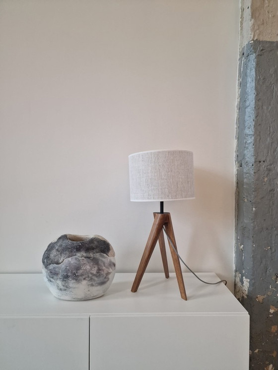 Image 1 of Table Lamp, Walnut Wood, With Lampshade, Linen