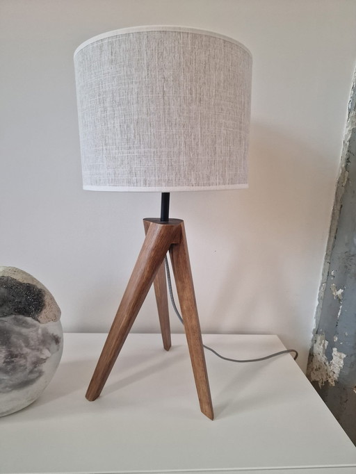 Table Lamp, Walnut Wood, With Lampshade, Linen