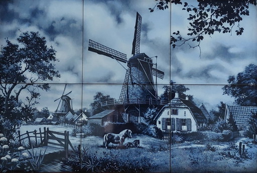 Large Dutch Delftware 6 Tiles Windmill J.C. Van Hunnik Framed Tray