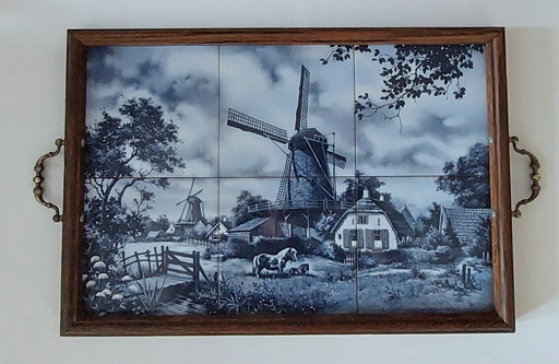 Large Dutch Delftware 6 Tiles Windmill J.C. Van Hunnik Framed Tray