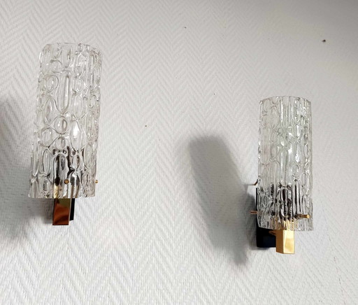 2x Wall Lights 1950 Brass and Glass Kalmar Style