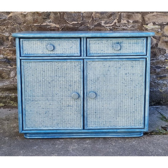 Image 1 of Vintage Maugrion chest of drawers in wood and rattan for Roche Bobois, 1980