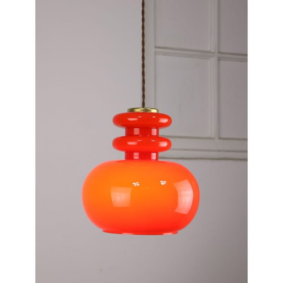 Image 1 of Mid-century red glass and brass pendant lamp