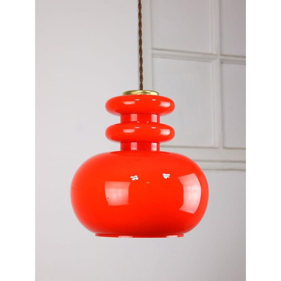 Image 1 of Mid-century red glass and brass pendant lamp