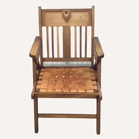 Image 1 of Dutch Arts & Crafts Leather Woven Seat Apprentice Chair, 1950