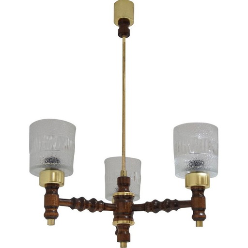 Vintage glass chandelier in wood and brass by Jilove u Decina, Czechoslovakia 1970