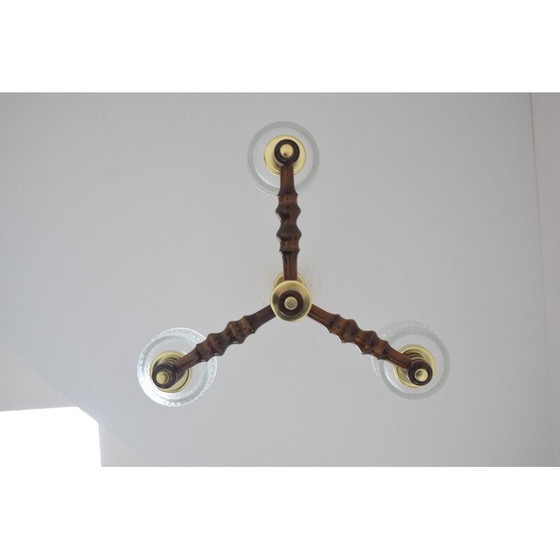Image 1 of Lampadario vintage in vetro, legno e ottone di Jilove u Decina, Cecoslovacchia, 1970
