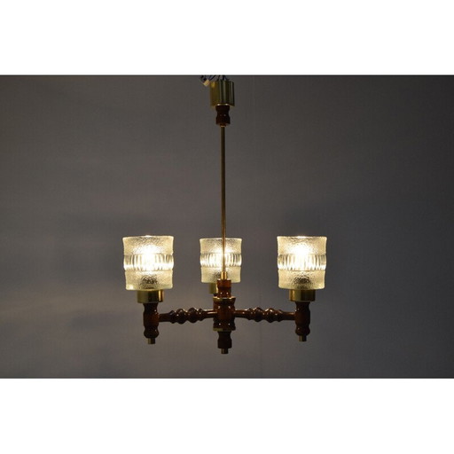 Vintage glass chandelier in wood and brass by Jilove u Decina, Czechoslovakia 1970