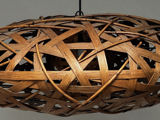 Very Large Wood And Rattan Ceiling Lamp Oval