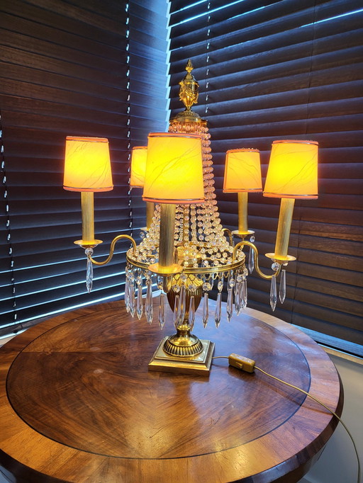 Crystal Table Lamp With Brass Base And Finish And 4 Light Fittings