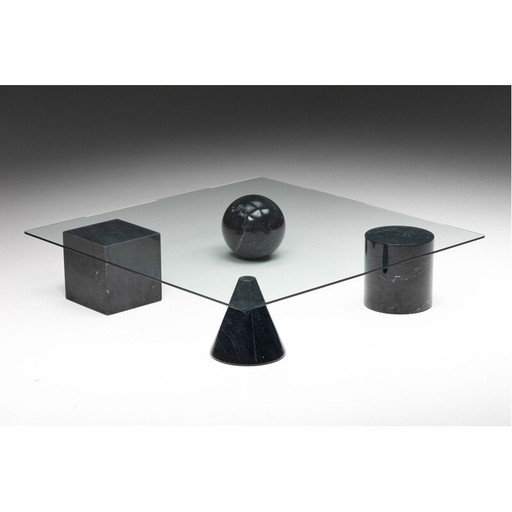 Vintage coffee table with four black marbled legs and thick glass top, 1970