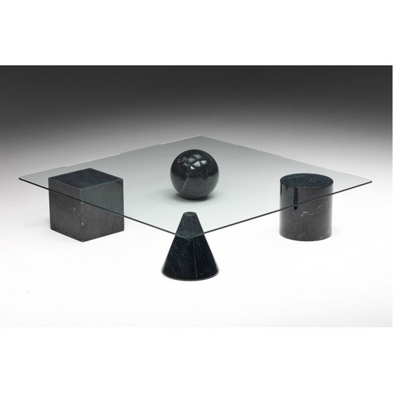 Image 1 of Vintage coffee table with four black marbled legs and thick glass top, 1970