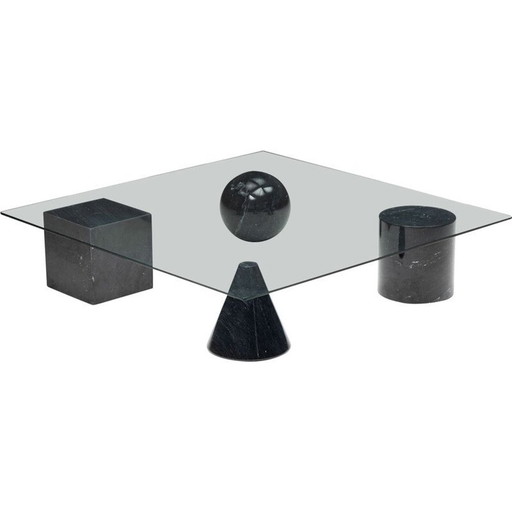 Vintage coffee table with four black marbled legs and thick glass top, 1970