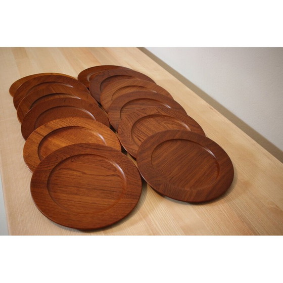 Image 1 of Set of 12 vintage solid teak plates by Wiggers, Denmark 1960s
