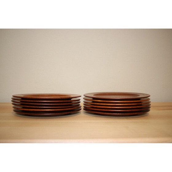 Image 1 of Set of 12 vintage solid teak plates by Wiggers, Denmark 1960s