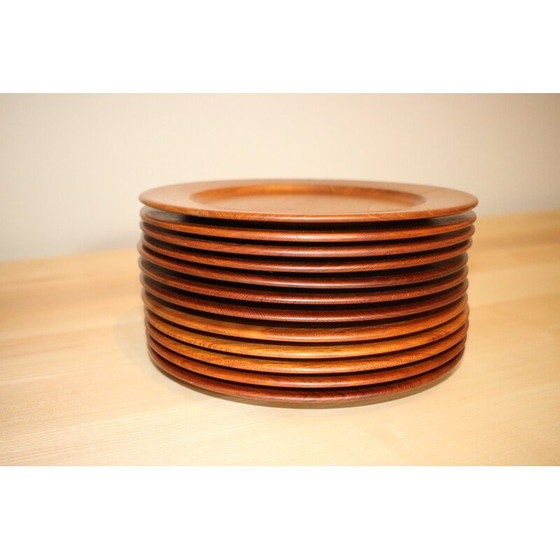 Image 1 of Set of 12 vintage solid teak plates by Wiggers, Denmark 1960s