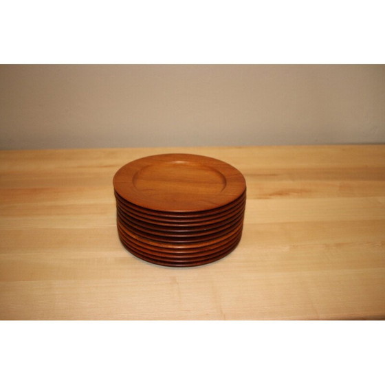 Image 1 of Set of 12 vintage solid teak plates by Wiggers, Denmark 1960s