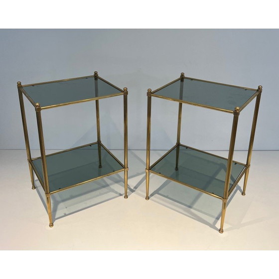 Image 1 of Pair of vintage brass end tables and smoked glass trays, France 1970