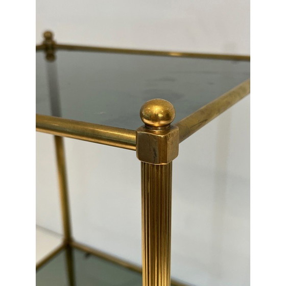 Image 1 of Pair of vintage brass end tables and smoked glass trays, France 1970