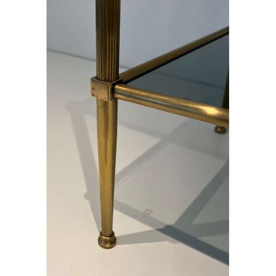 Image 1 of Pair of vintage brass end tables and smoked glass trays, France 1970
